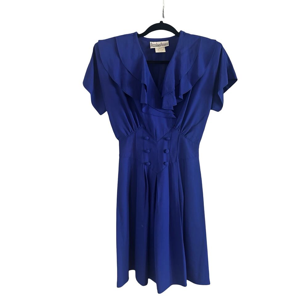 Vintage Piccalino Petites Ruffle‑Front Blue Dress